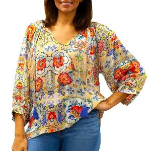 Karyn Seo Floral Geometric Print Round Neck Notch 3/4 Sleeve Blouse